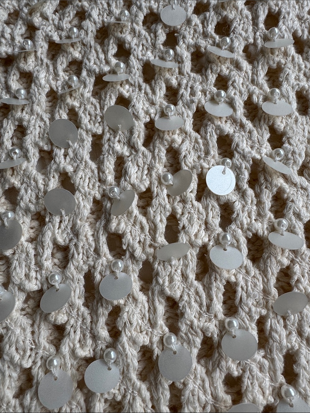 J. Crew Cream Open-Knit Sequin Short Sleeve Sweater with white pearls. - Picture 3 of 4